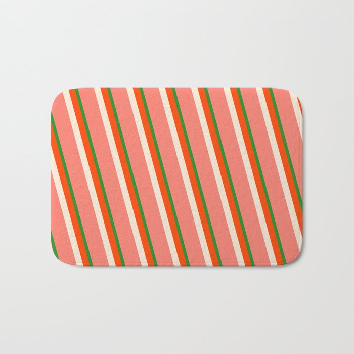 Forest Green, Red, Beige, and Salmon Colored Lined/Striped Pattern Bath Mat