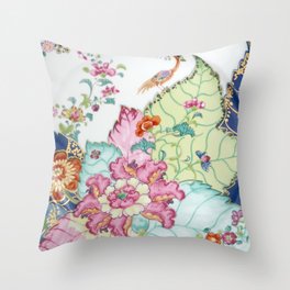 Damask antique floral porcelain china chinoiserie plate of flowers and crane bird vintage photo Throw Pillow