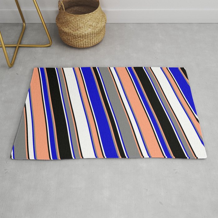 Vibrant Light Salmon, Gray, Blue, White & Black Colored Lined/Striped Pattern Rug
