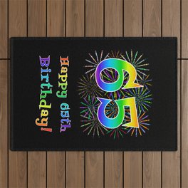 [ Thumbnail: 65th Birthday - Fun Rainbow Spectrum Gradient Pattern Text, Bursting Fireworks Inspired Background Outdoor Rug ]