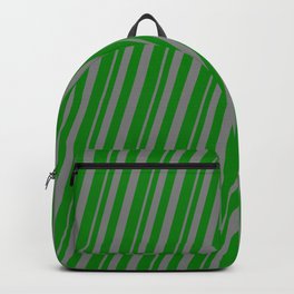 [ Thumbnail: Grey & Green Colored Stripes/Lines Pattern Backpack ]