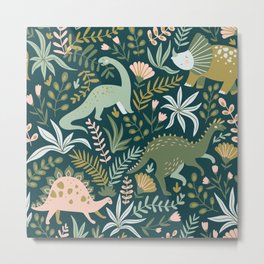 Dinosaurs with tropical leaves and flowers. Cute dino hand drawn illustration pattern. Cute dino design. Metal Print | Dinosaur, Green, Cutedino, Abstract, Dinosaurs, Dino, Leaves, Illustration, Drawing, Forest 
