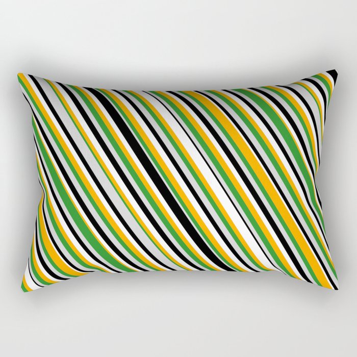 Orange, Forest Green, Light Grey, Black & White Colored Striped Pattern Rectangular Pillow