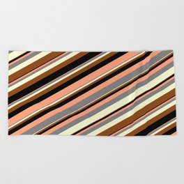 [ Thumbnail: Colorful Light Salmon, Grey, Light Yellow, Brown, and Black Colored Stripes Pattern Beach Towel ]