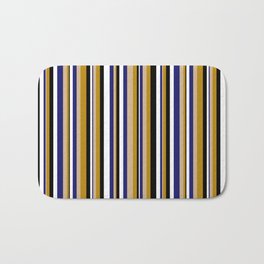 [ Thumbnail: Tan, Dark Goldenrod, Black, White & Midnight Blue Colored Lines/Stripes Pattern Bath Mat ]