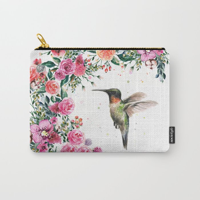 Hummingbird and Flowers Watercolor Animals Carry-All Pouch