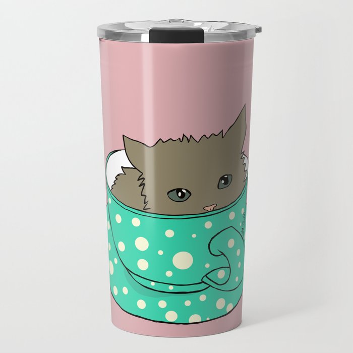 Fluffy Kitten In A Teacup Pink Background Travel Mug | Drawing, Digital, Kitten, Kitten-in-teacup, Teacup, Teal-teacup, Polka-dots, Kitty, Cat, Fluffy-kitten