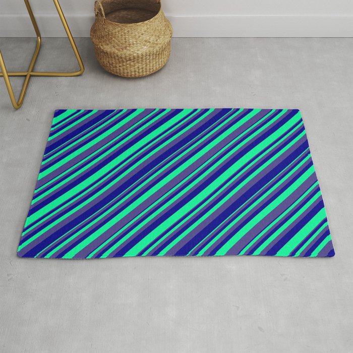 Green, Dark Slate Blue & Dark Blue Colored Lined/Striped Pattern Rug
