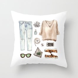 watercolor sketch. fashion outfit, casual style. Throw Pillow