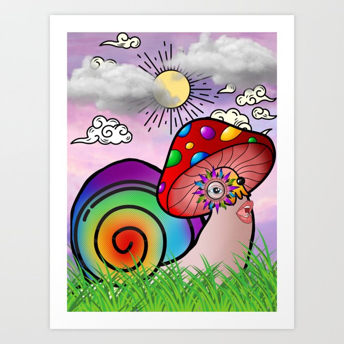Rainbow Mushroom Snail/ Fantasy  Art Print