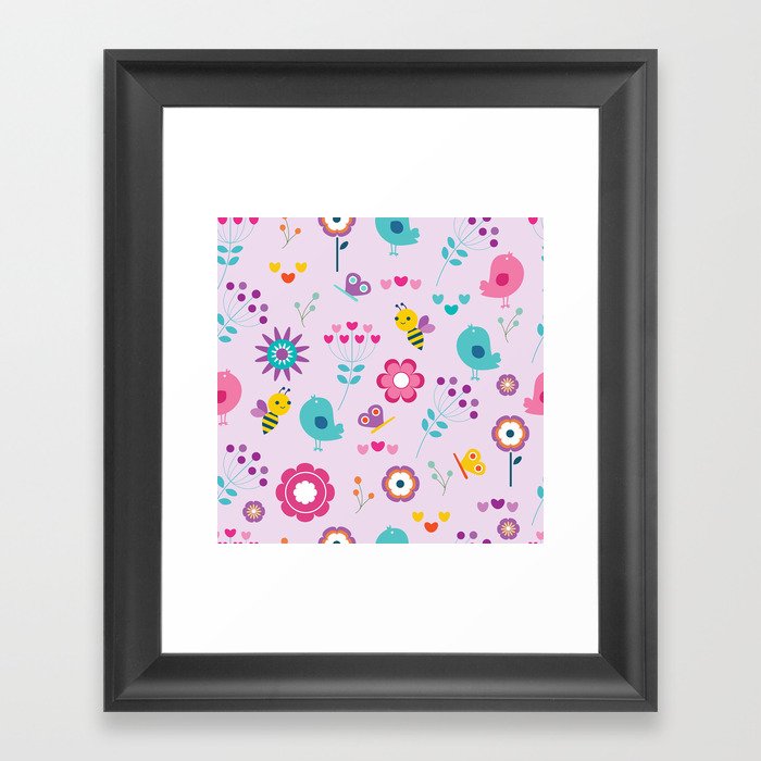 Flowers with Bees Birds and Butterflies Framed Art Print