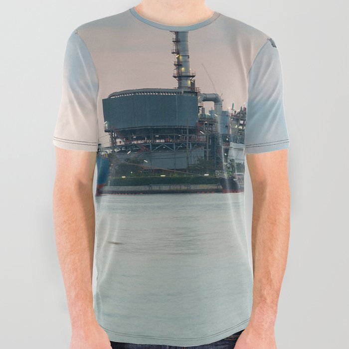 Oil refinery riverfront, vintage tone during sunrise All Over Graphic Tee