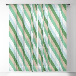 [ Thumbnail: Eye-catching Tan, Sea Green, White, Powder Blue, and Dark Green Colored Pattern of Stripes Sheer Curtain ]
