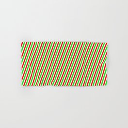 [ Thumbnail: Festive, Christmas-Inspired Green, White, and Red Colored Stripes/Lines Pattern Hand & Bath Towel ]