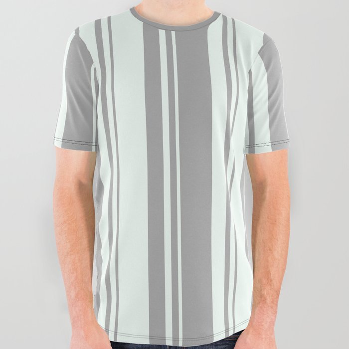 Dark Gray & Mint Cream Colored Lines Pattern All Over Graphic Tee