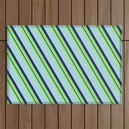 [ Thumbnail: Green, Powder Blue, and Midnight Blue Colored Pattern of Stripes Outdoor Rug ]