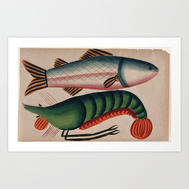 A Lobster And A Fish Gouache Painting By An Indian Artist Art