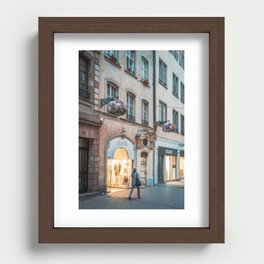 Woman walking by shops - Strasbourg Recessed Framed Print