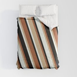 [ Thumbnail: Sienna, Tan, Mint Cream & Black Colored Stripes Pattern Comforter ]