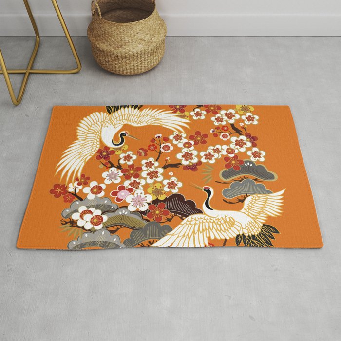 CRANES AND COLOR SAKURA. Colorful floral seamless pattern with flowers, japanese bird. Vintage traditional folk fashion ornament on Orange background. Rug