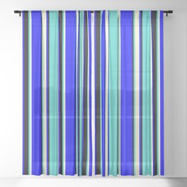 [ Thumbnail: Blue, Light Yellow, Turquoise, and Black Colored Striped/Lined Pattern Sheer Curtain ]