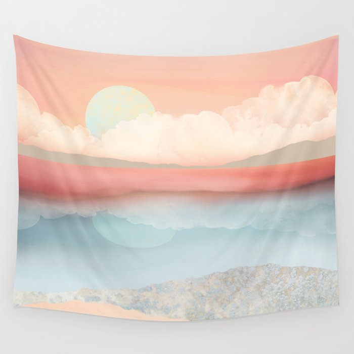 Mint Moon Beach Wandbehang | Graphic-design, Aquarell, Digital, Mint, Mond, Strand, Wasser, Ozean, Landscape, Natur