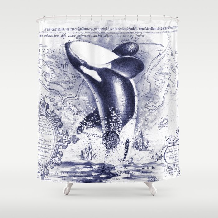 Breaching Orca Killer Whale Watercolor Ancient Blue Shower Curtain