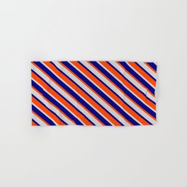 [ Thumbnail: Red, Light Grey, and Blue Colored Lined Pattern Hand & Bath Towel ]