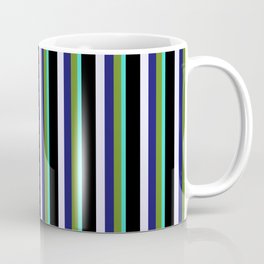 [ Thumbnail: Eye-catching Turquoise, Green, Midnight Blue, Lavender, and Black Colored Striped Pattern Coffee Mug ]
