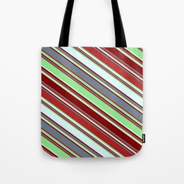 [ Thumbnail: Eyecatching Light Green, Light Cyan, Maroon, Slate Gray, and Red Colored Lines Pattern Tote Bag ]