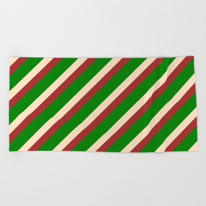 Brown, Green & Bisque Colored Stripes Pattern Beach Towel