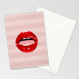 Red Lips On Pink Stripes Stationery Card