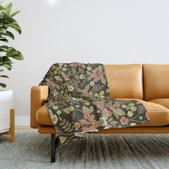 Sage, Dark Green, Peach & Cream Floral Pattern Throw Blanket