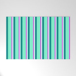[ Thumbnail: Fuchsia, Light Cyan, Dark Cyan, and Aquamarine Colored Pattern of Stripes Welcome Mat ]