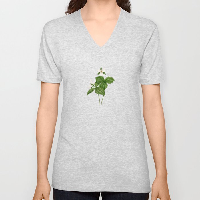 Great White Trillium Watercolour Botanical V Neck T Shirt