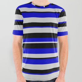 [ Thumbnail: Blue, Light Gray & Black Colored Striped Pattern All Over Graphic Tee ]
