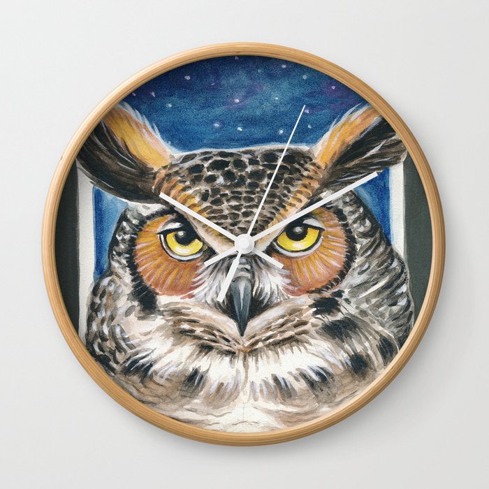 Great Horned Owl Watercolor Human made  Art Painting Wall Clock