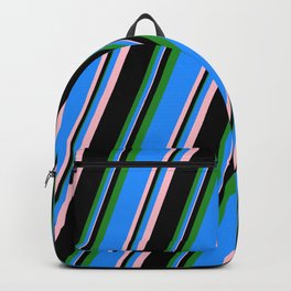 [ Thumbnail: Blue, Pink, Black, and Forest Green Colored Striped Pattern Backpack ]