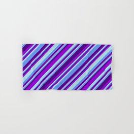 [ Thumbnail: Indigo, Dark Violet, Light Blue & Cornflower Blue Colored Lined Pattern Hand & Bath Towel ]