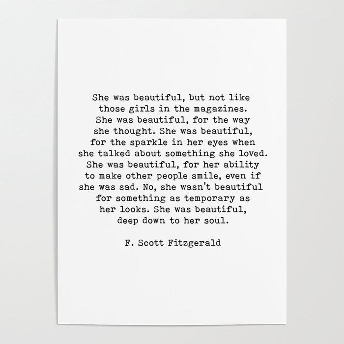 She Was Beautiful, F. Scott Fitzgerald, Quote Poster by The Art Shed ...