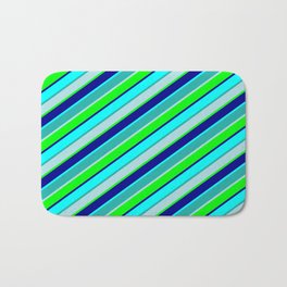 [ Thumbnail: Light Sea Green, Powder Blue, Lime, Dark Blue, and Aqua Colored Lines Pattern Bath Mat ]