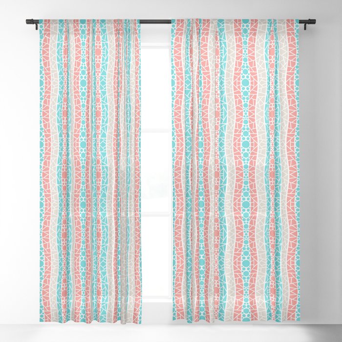 Mosaic Wavy Stripes In Coral Tan And Turquoise Sheer Curtain By
