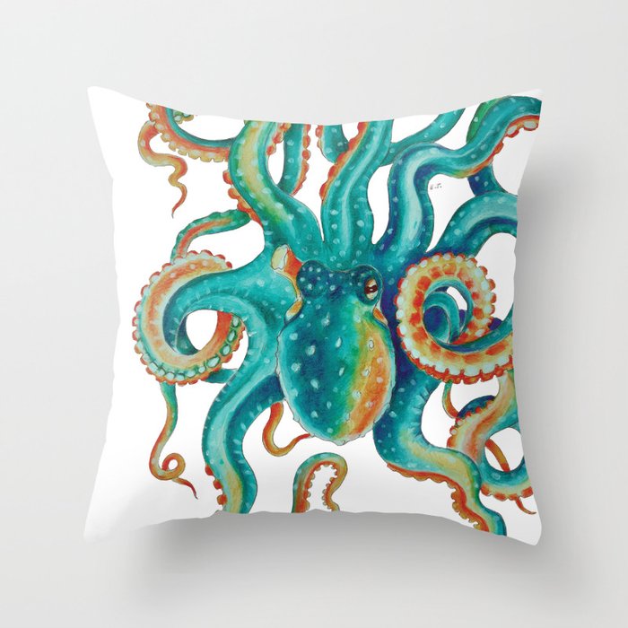 Octopus Tentacles Teal Green Watercolor Art Throw Pillow