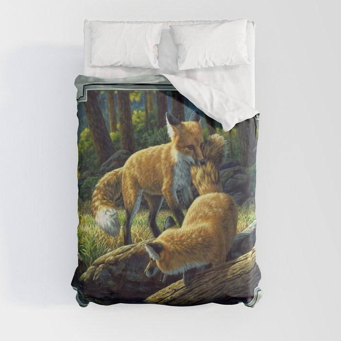 Red Fox Pups Playing Duvet Cover