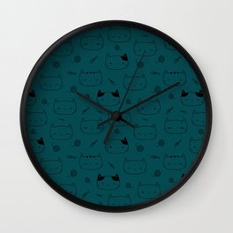 Teal Blue and Black Doodle Kitten Faces Pattern Wall Clock