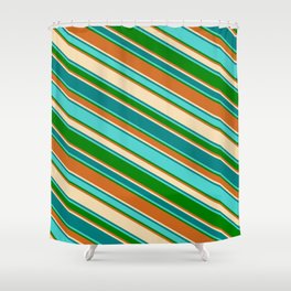 [ Thumbnail: Colorful Tan, Teal, Turquoise, Green, and Chocolate Colored Lines Pattern Shower Curtain ]
