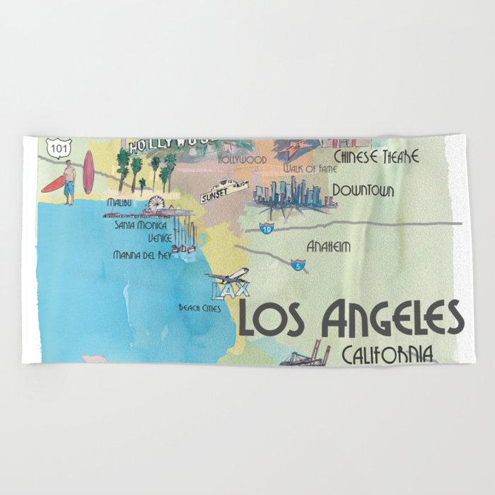 Greater Los Angeles Fine Art Print Retro Vintage Map with Touristic Highlights in colorful retro pri Beach Towel
