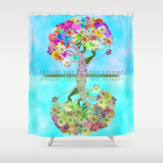 Cute Whimsical Bright Floral Tree Collage Teal Sky Shower Curtain