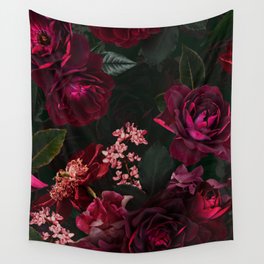 Vintage & Shabby Chic - Night Botanical Flower Roses Garden Wall Tapestry | Exotic, Flowers, Pink, Boho, Rose, Springflowers, Bohemian, Night, Floral, Victorian 