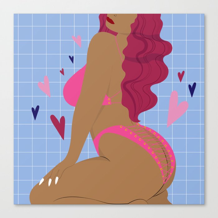 Laced Up II // Woman, Pink, Blue, Hearts, Valentine, Love, Pin Up, Lingerie Canvas Print